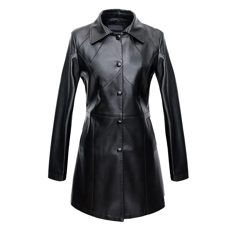 

JCHB 2021 New Spring Autumn Leather Coat Women's Mid-length Korean style slim fit leather windbreaker large size coat