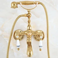 luxury polished gold color brass bathroom wall mounted clawfoot tub faucet taps set with hand held shower head spray mna819