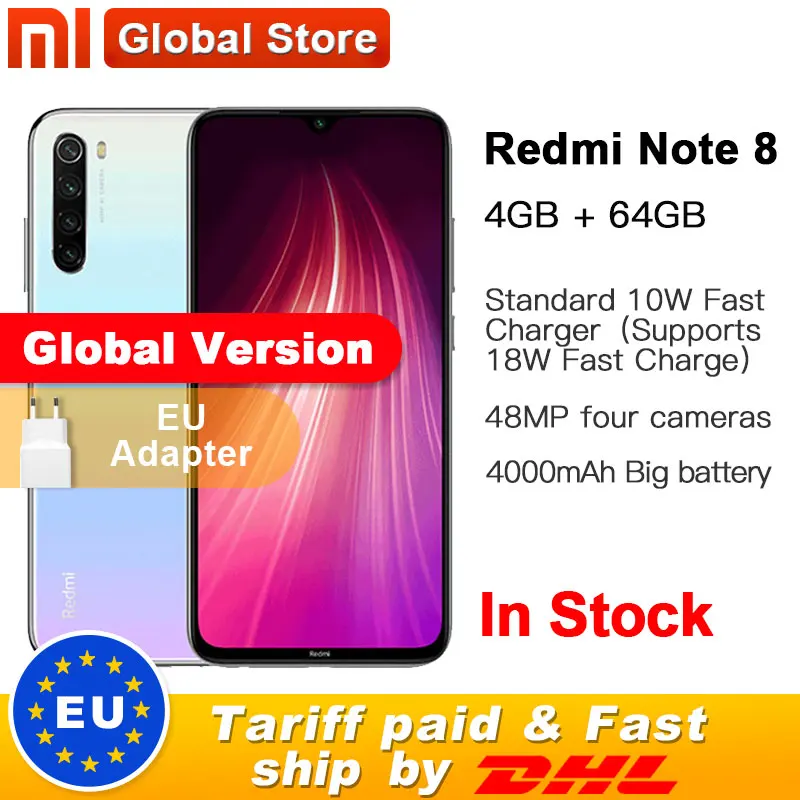 Xiaomi Redmi Note 8 с глобальной версией, 64 ГБ, 4 Гб, восьмиядерный смартфон Snapdragon 665, 6,3 дюйма, 48мп, четырехъядерный, задняя камера, мобильный телефон