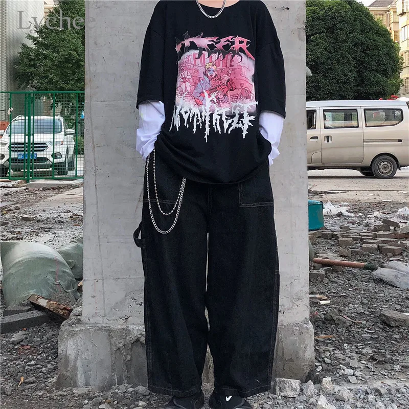 

Lychee Harajuku Character Print Women T Shirt Top Tee Fake 2 Pieces Women T-shirts Top Tees Patchwork O-neck Women T Shirts