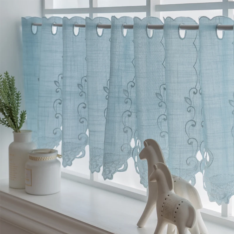 Белая занавеска из полутюля с вышивкой модная Короткая пряжи синяя тканевая для