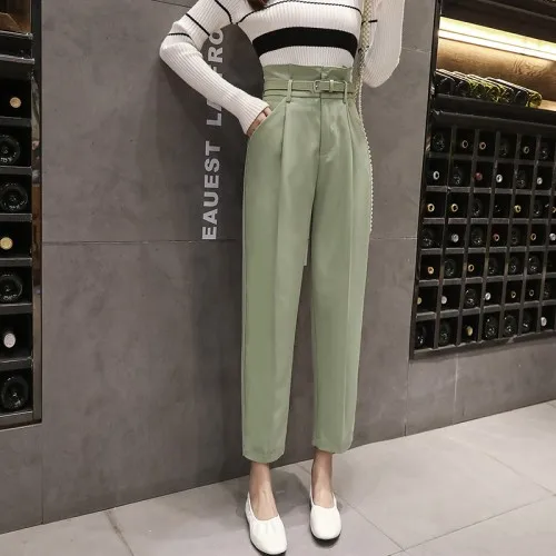 

Повседневная юбка с высокой талией, зеленые штаны для женщин в Корейском стиле; В винтажном стиле; Женские брюки свободного кроя офисные брю...