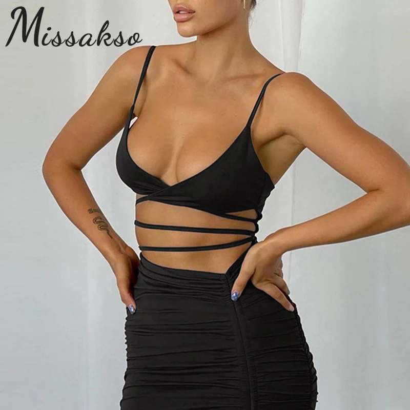 

Missakso Ruched Cut Out Bandage Dress Women 2021 Summer White Black Sexy Bodycon Backless Spaghetti Strap Mini Dresses