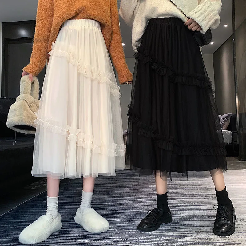

Patchwork Mesh Long Tulle Skirt Women Summer Tutu Mid-calf Streetwear Soft Girl Skirts Retro Festival Clothing Black White