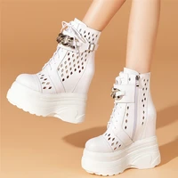 summer platform pumps shoes women lace up cow leather high heel gladiator sandals female round toe fashion sneakers casual shoes