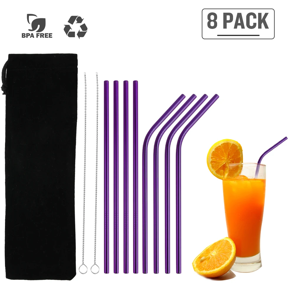 8Pcs-Purple Эко-дружественных соломинкой многоразовые Нержавеющая сталь металлическая соломинка Управление по санитарному надзору за качеством пищевых продуктов и медикаментов-одобренный Bpa с щеточка для чистки Портативный мешок 3/8/14 шт - Цвет: 8Pcs-Purple