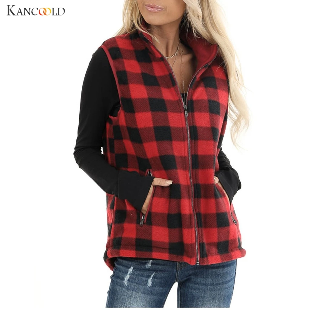 KANCOOLD coats Womens Open Front Color Block Lapel Sleeveless Plaid Pockets Vest Cardigan fashion new Coat women 2019NOV25 | Женская