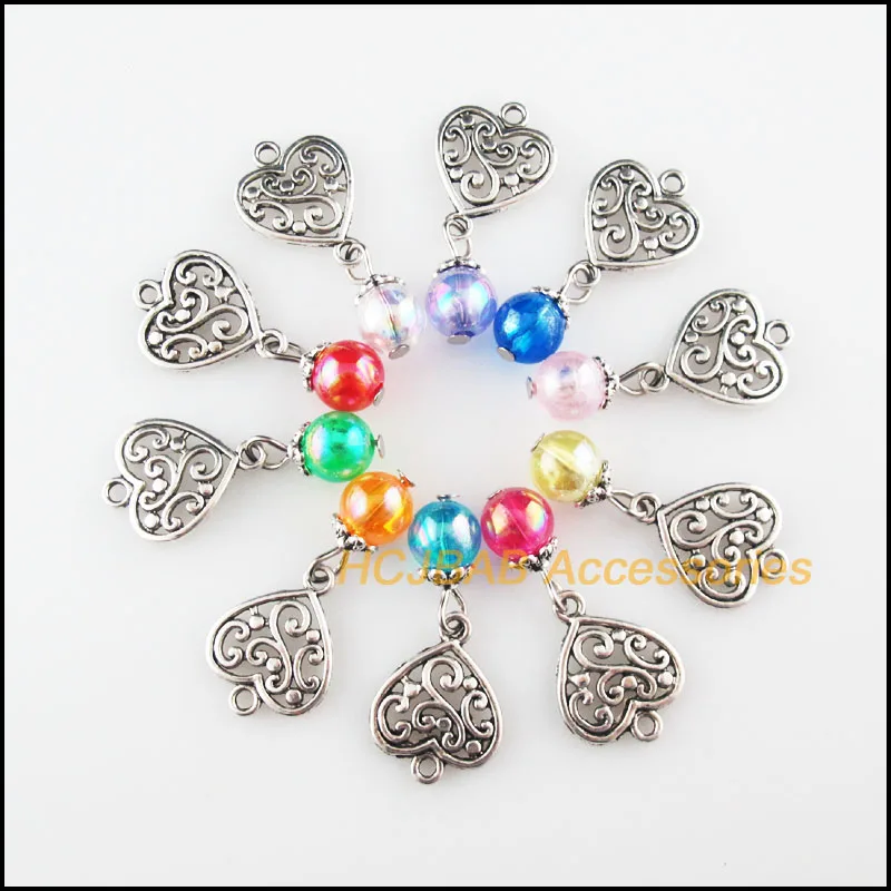 20 шт. тибетские серебряные подвески в форме сердца и цветка, Смешанные Круглые акриловые шарики Mirage, Подвески 14x33 мм