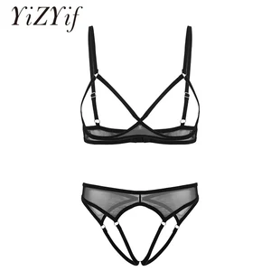 Женское нижнее белье, бюстгальтер с открытыми чашечками, топ с вырезами, трусики-стринги, стринги, прозрачное Сетчатое сексуальное нижнее белье, 2 шт.