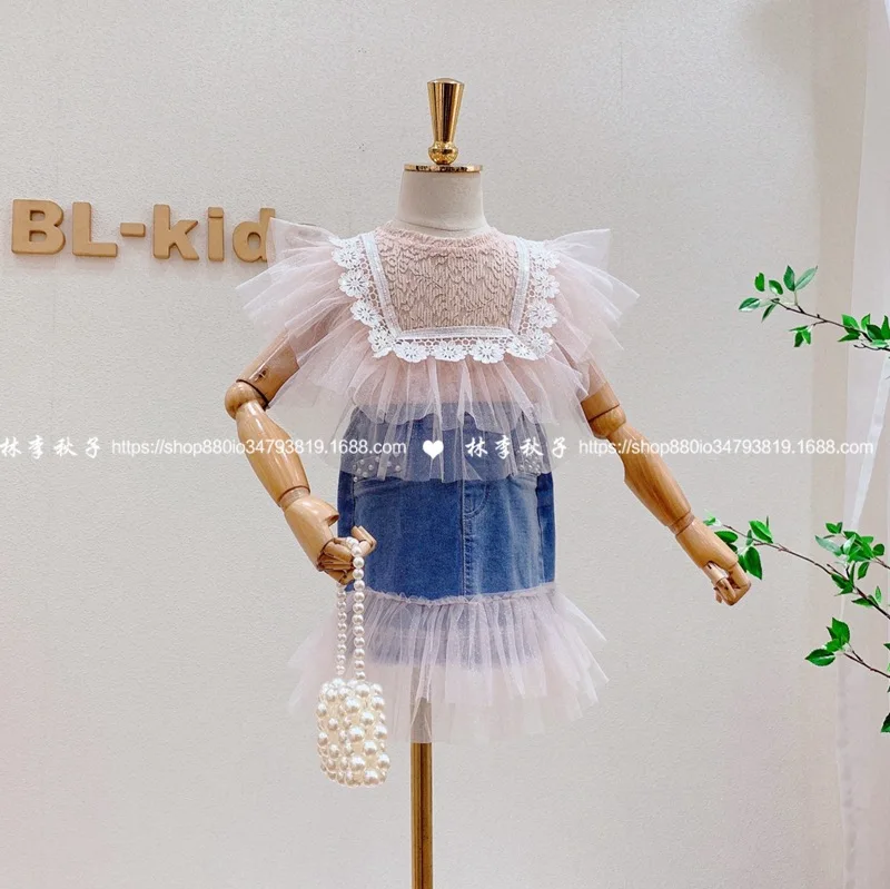 

Летняя футболка для девочек, новинка 2021, модный сетчатый топ с прострочкой и джинсовой юбкой для маленьких девочек, модный веер