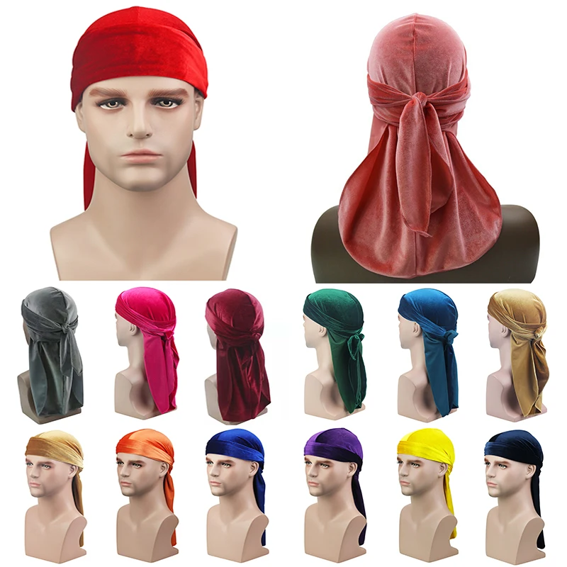 

Men Velvet Long Tail Durag Hip Hop Turban Breathable Bandana Hat Velvet Silky Satin Durag Do Doo Du Rag Long Tail Headwrap Hot