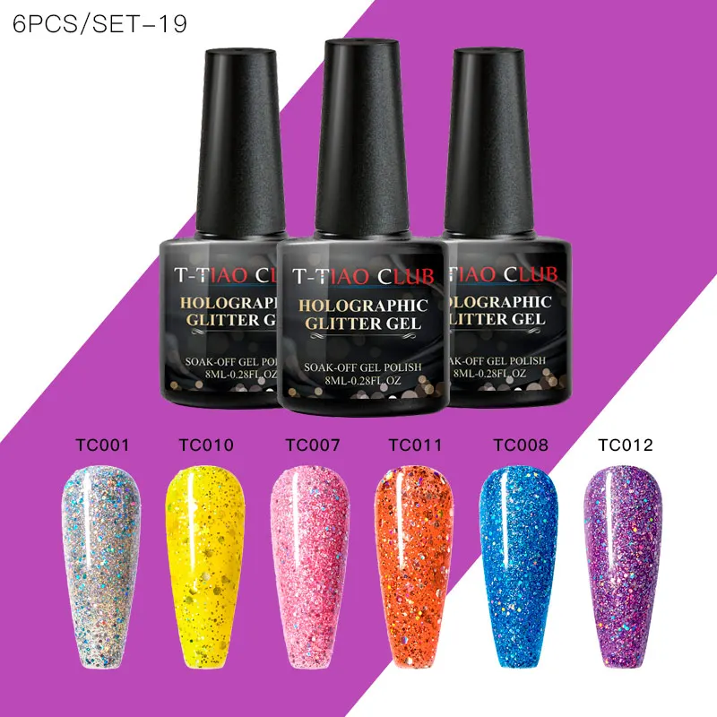 6 шт. Гель лак для ногтей набор блестящих гелей голографический цветной