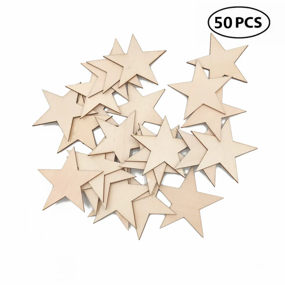 

50pcs 40mm 1.57inch Wooden Star Shaped Embellishments Wood Heart Cutouts Slices Ornament Craft for Valentine's Day Wedding Party