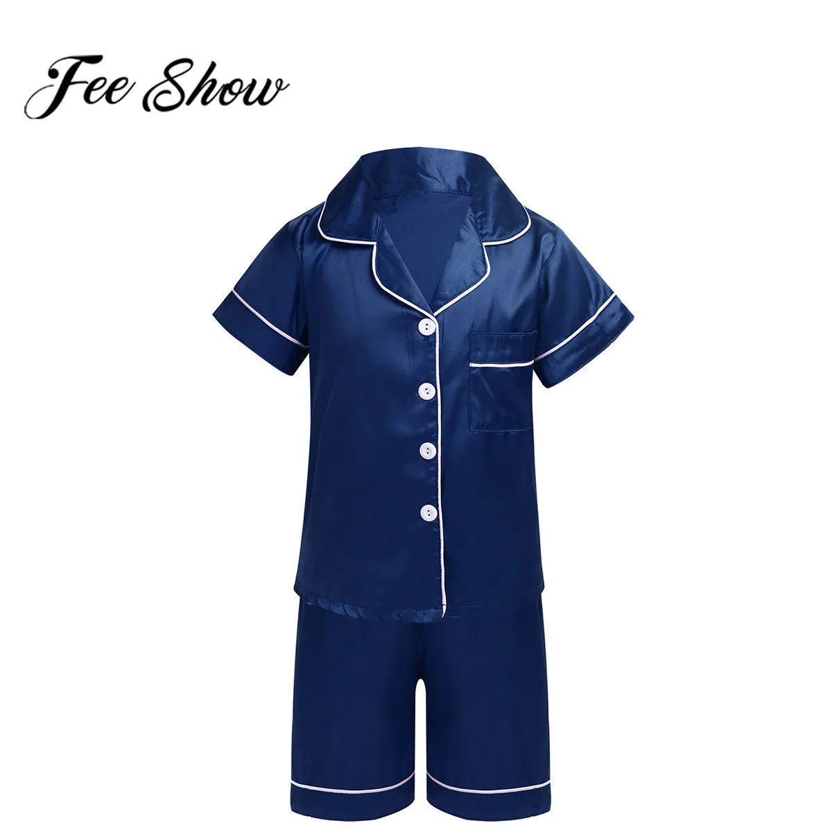 

FEESHOW/одежда для сна унисекс для детей, для мальчиков и девочек, классические шелковые пижамы, одежда Топы с короткими рукавами и шорты компле...