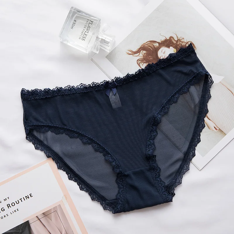 Blue 3pcs 3 шт Сексуальные Кружевные Трусики бесшовное женское нижнее белье трусы нейлоновая сетка для дам тонкое хлопковое прозрачное белье - Цвет: Blue 3pcs
