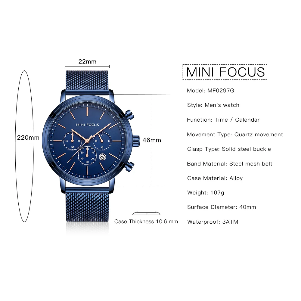 MINIFOCUS Fashion Men's Wrist Watches Luxury Design Quartz Watch Men 30m Waterproof Blue Stainless Steel Mesh Strap Reloj Hombre |