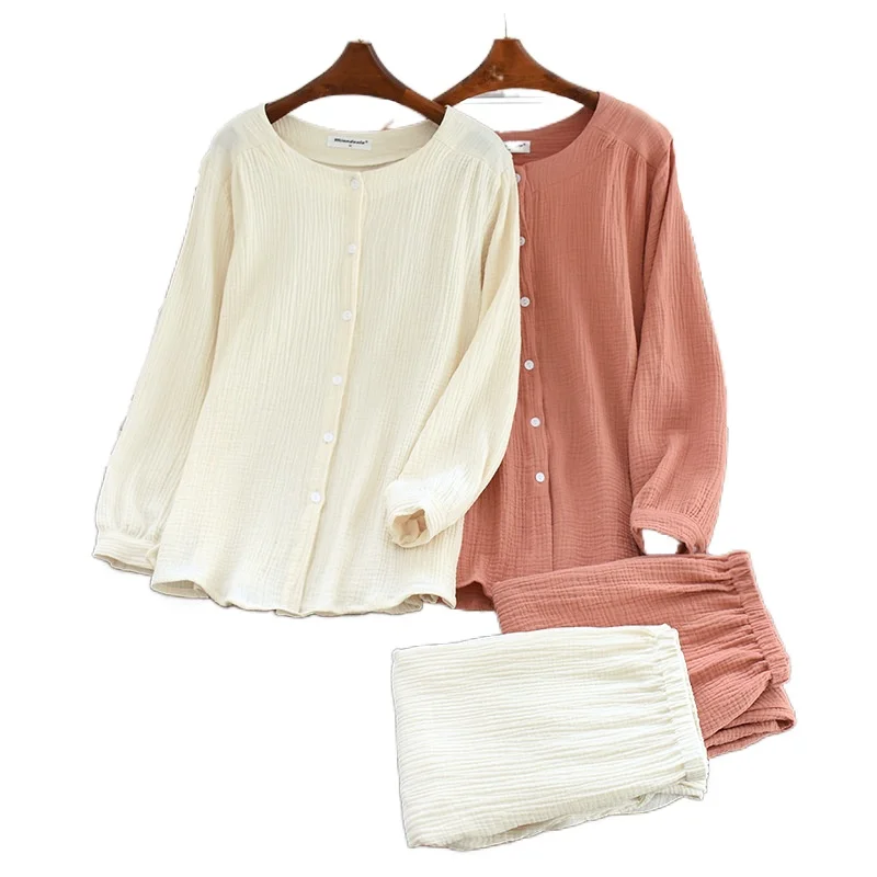 

Женская пижама из крепа, однотонная весенне-летняя Хлопковая пижама, Женская дышащая впитывающая пот Повседневная Домашняя одежда, Женская