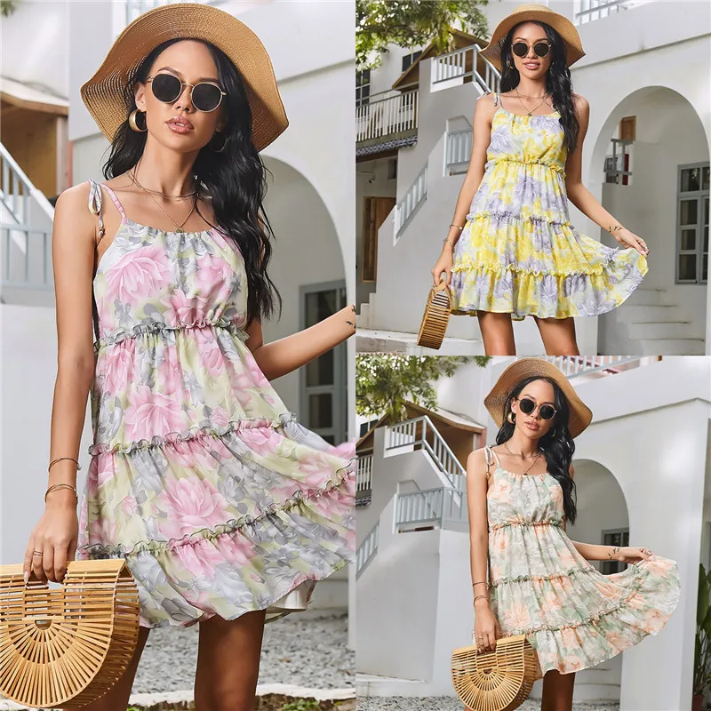 

S/M/L/XL Fashion Summer Sexy Print Woman Sling Dress Backless High Waist Loose Mini Female Office Lady Ruffle Plus Size Dress