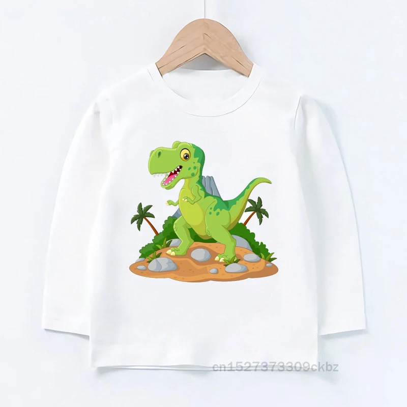 

2021 Cute Baby Dinosaur Cartoon Print Kids Summer Long Sleeve White T Shirt Little Dinosaur Children Clothes Tops