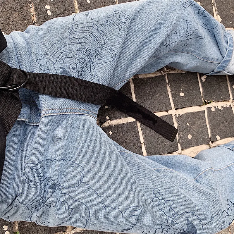 

2020 new casual fashion jeans women's Vintage cartoon printing jeans cotton loose high waisted Capris lovely jeans women