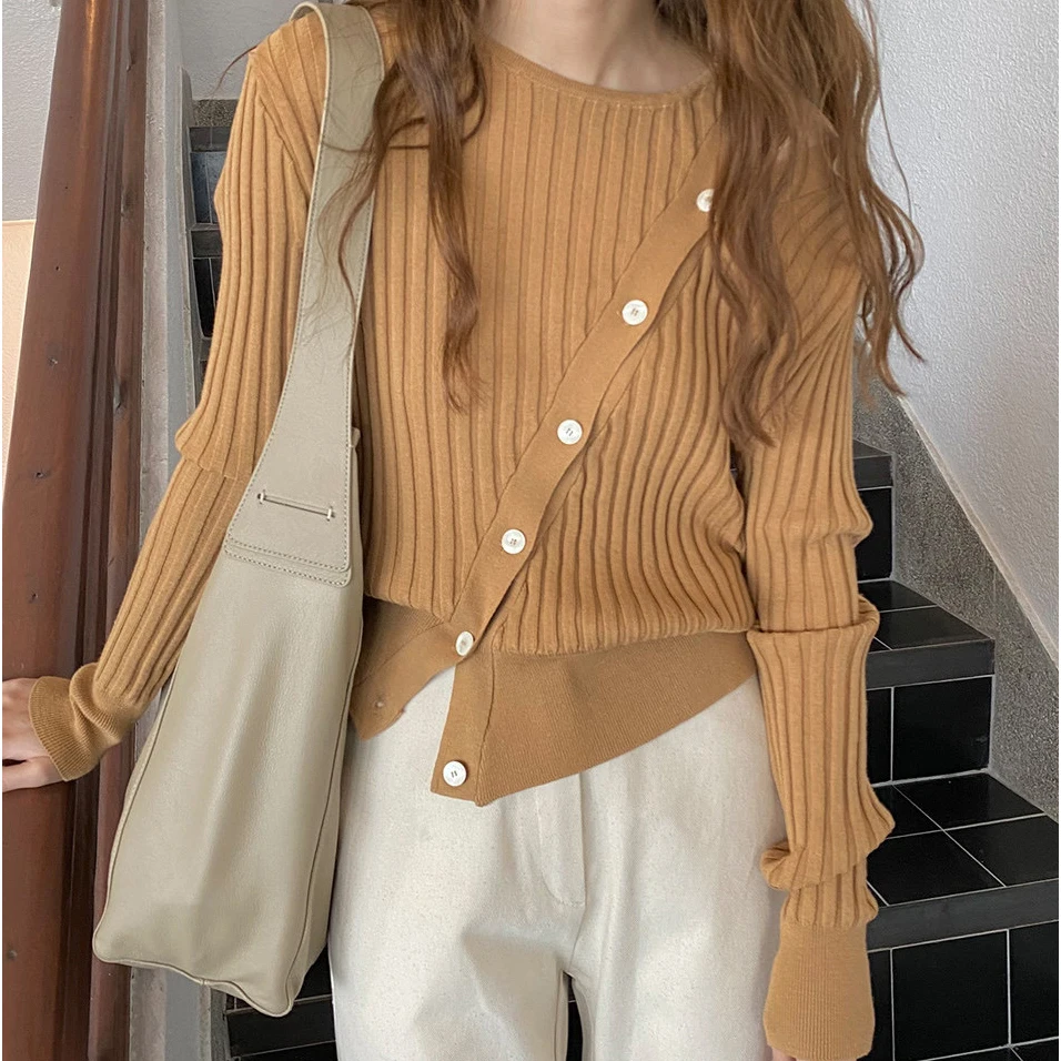 

Осенне-зимний трикотажный топ с длинным рукавом, женский, 2021, в Корейском стиле, облегающий, однобортный, Повседневный, трикотажный