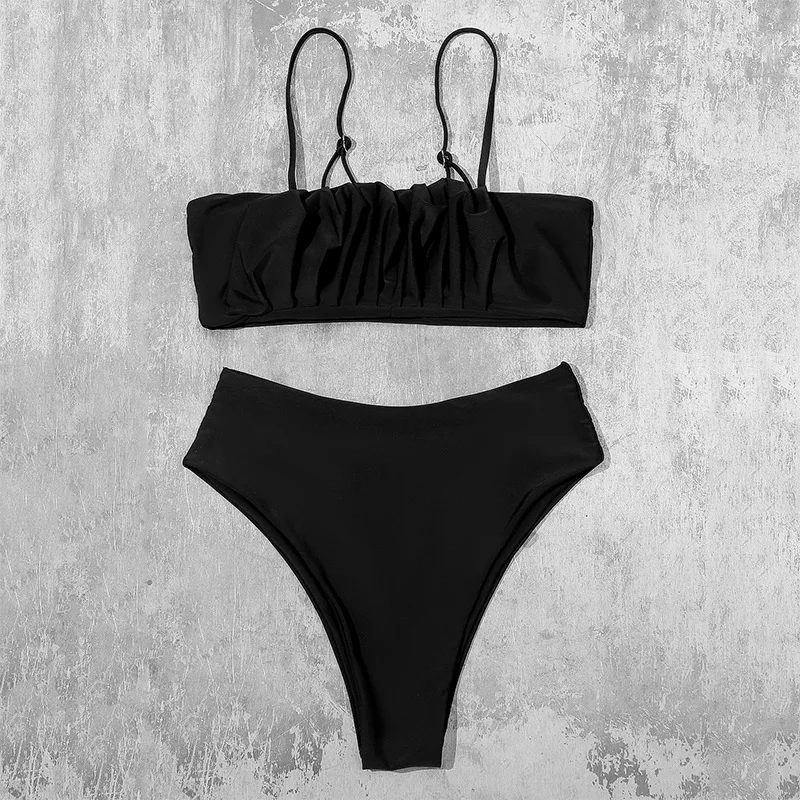 

Sexy woman 2021 new sexy solid color pleated high waist bikini women's split swimsuit swimsuit