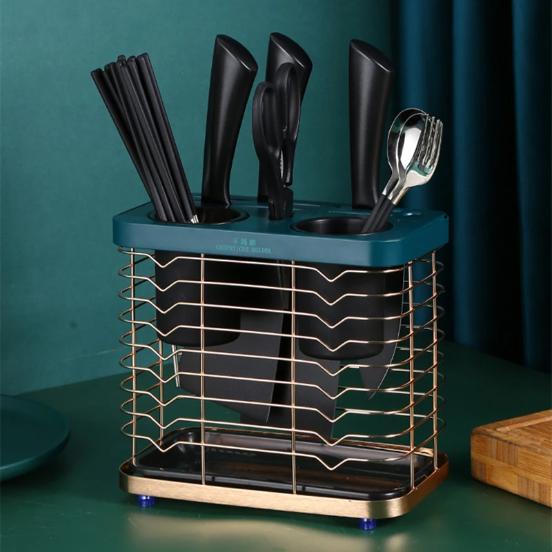 

Golden 2 in 1 Stainless Steel Kitchen Sink Stand Knives Holder Storage Rack for Cutlery Organizer Utensils Tools Container