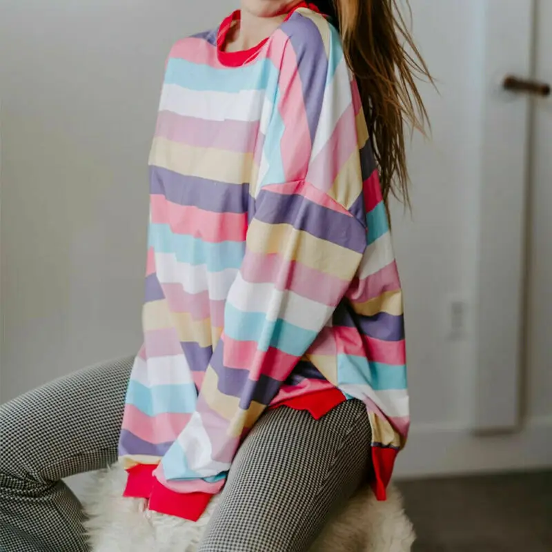 

Spring Autumn Women Blouse Casual Rainbow Stripe Loose Long Sleeve Blouse Pullover Top