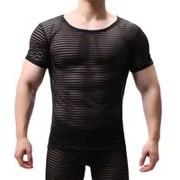 mens transparent sexy mesh t shirt 2019 new see through striped short sleeve muscle sleep undershirts nightclub perform top tees