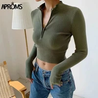 aproms elegant high neck zipper front knitted sweater women solid basic cropped pullover winter spring fashion clothing top 2021