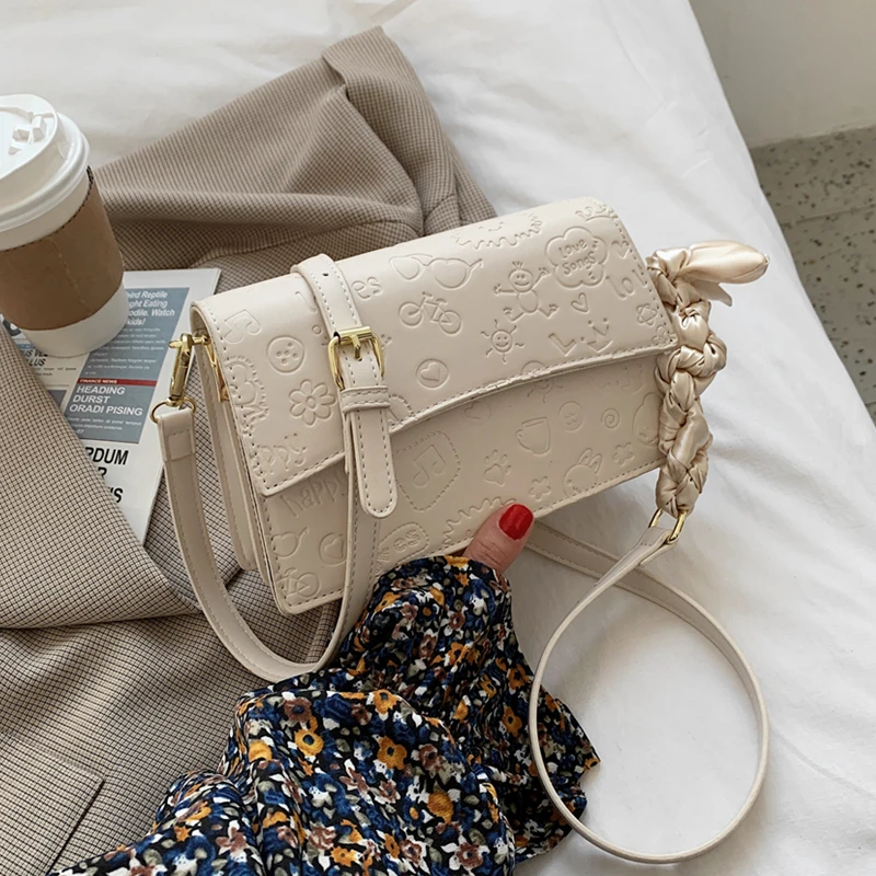 

Burminsa Embossed Small Crossbody Bags For Women Bowknot Scarf Brand Designer High Quality PU Leather Female Shoulder Bags 2021