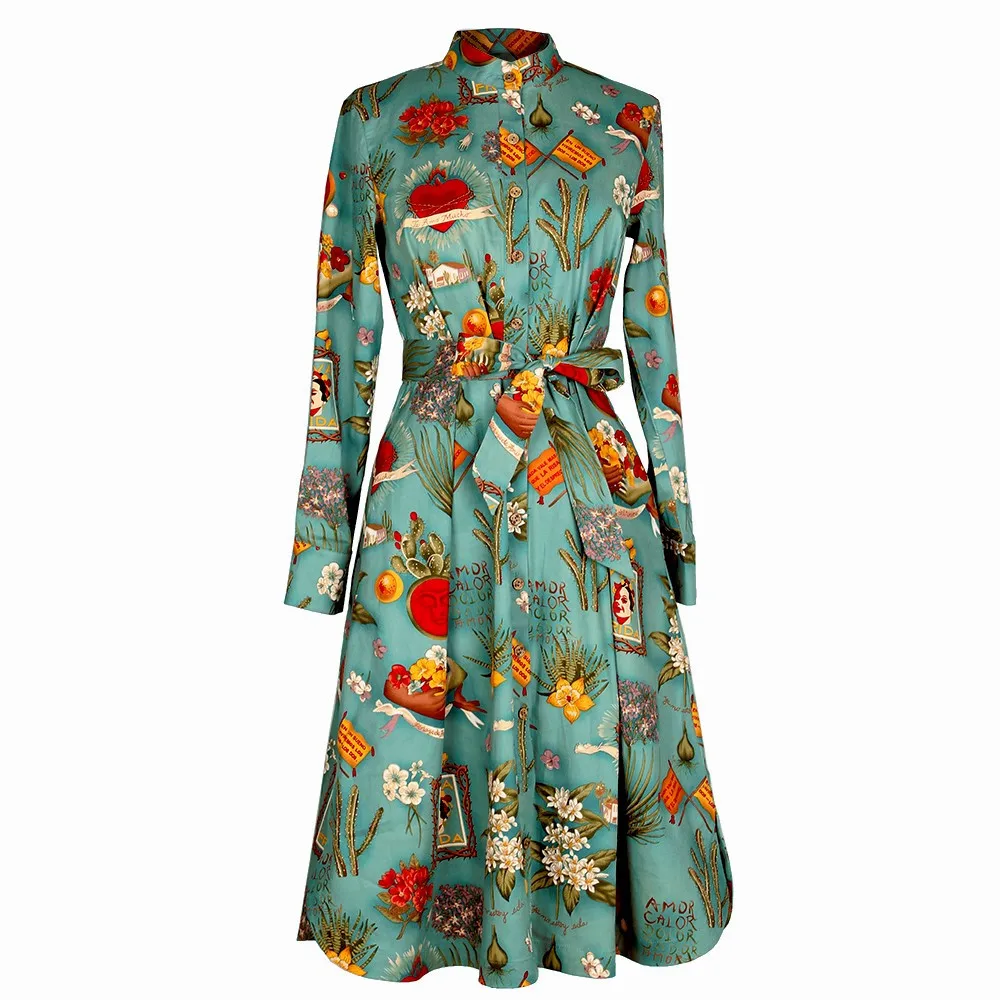 Женское винтажное платье с длинным рукавом зеленое в стиле 50 х ремнем|Женские