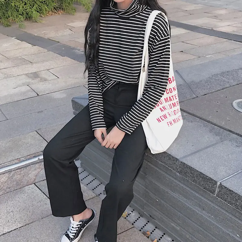 1 шт. женские футболка в полоску с длинными рукавами и высоким воротником модная