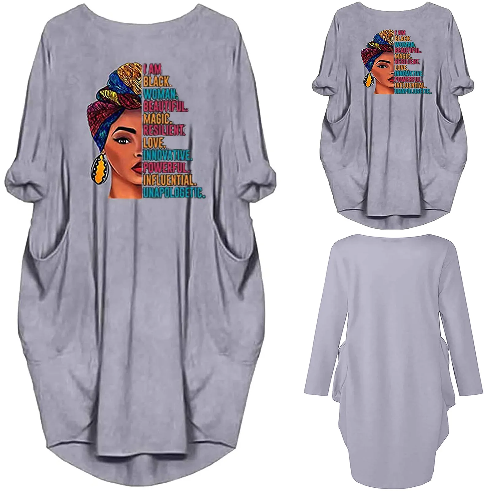 

Traf Fashion Women Summer Dress 2021 Loose Long Sleeve Print Pocket O-Neck Casual Mid-Calf Dress Plus Size Women Clothing