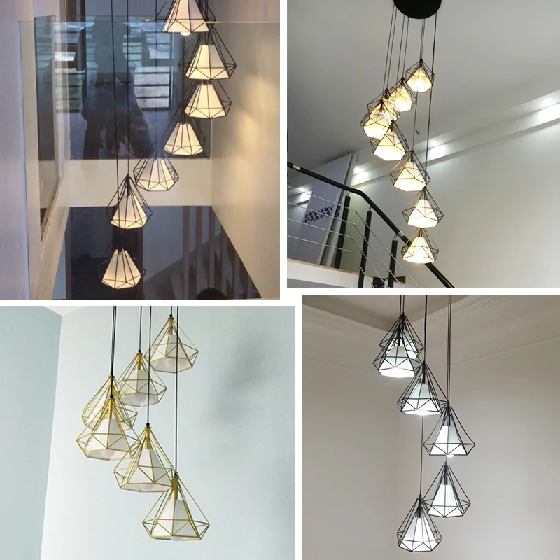 安い ダイヤモンドスパイラル階段のシャンデリア、現代シンプルなロフトアパート建物二重階段ランプロングシャンデリア階段