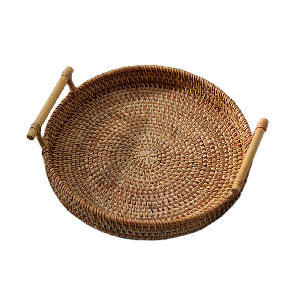

Rattan Handwoven Round High Wall Severing Tray Food Storage Platters Plate Over Handles For Breakfast Drink Snack For Coffee Tea