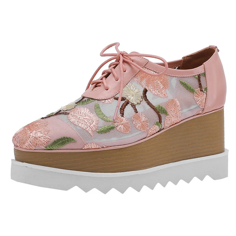 

Platform Flats Women Genuine Leather Embroidery Flower Single Shoes Lace-up Mesh Summer Sandals Wedges Shoe Fashion Loafer