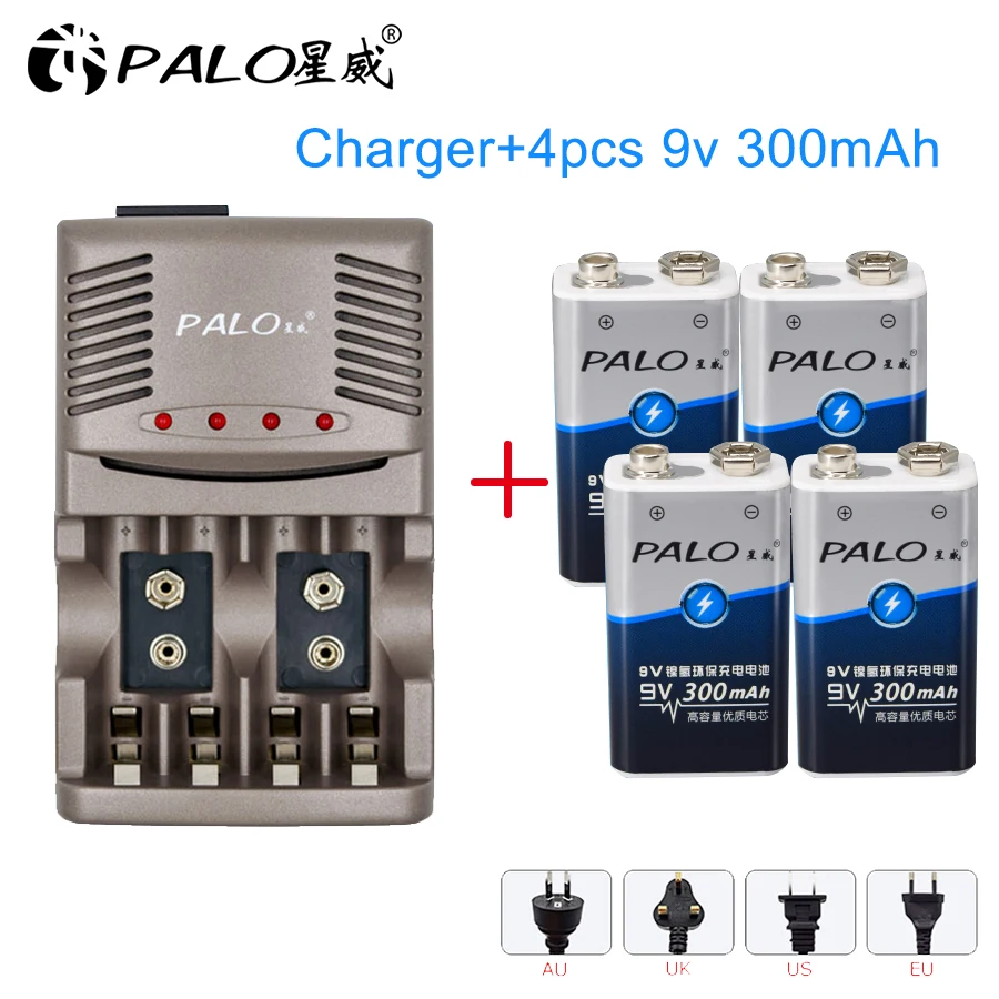 PALO светодиодный 9V 6F22 Батарея Зарядное устройство с 4 шт 9v 300mah батареи гибридные