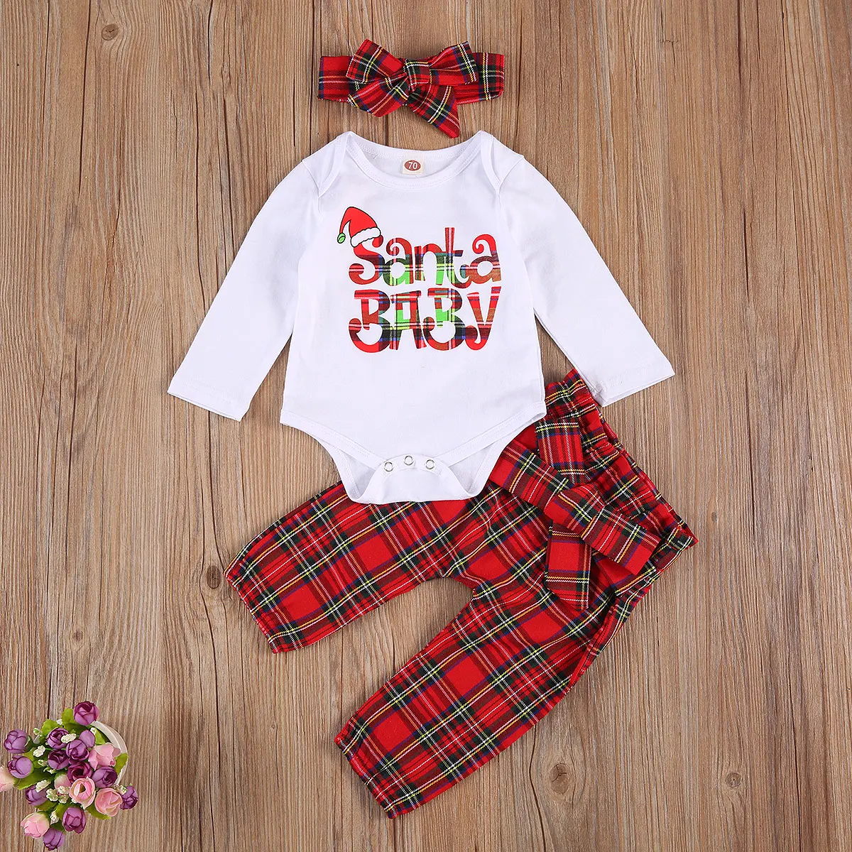 

2020 Infant Newborn Girls 3 Pcs Christmas Outfits Suits, Long Sleeve Printed Romper Shirt Top + Plaid Long Pant + Bow Headband