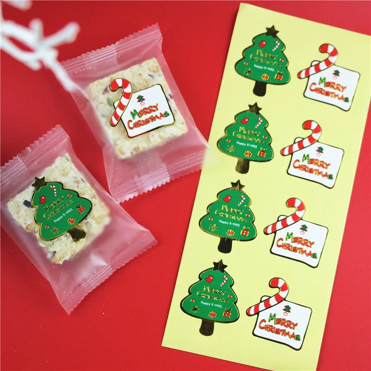 

80Pcs 10Sheets Gilding Merry Christmas Pine Tree Stick Packaging Sealing Label Kraft Sticker Baking DIY Gift Stickers