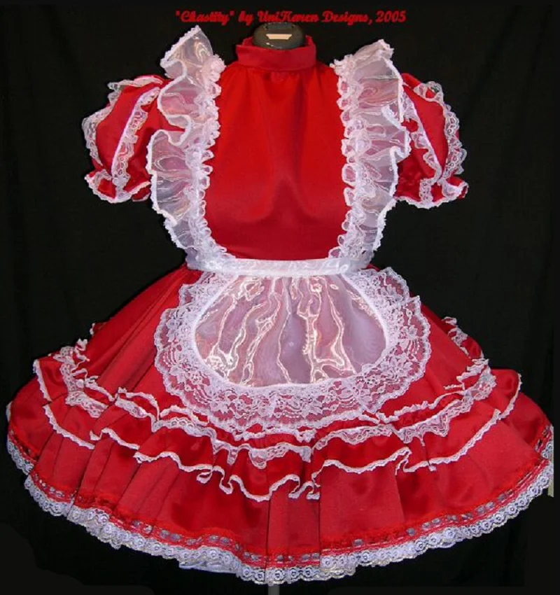 Атласное красно-белое кружевное платье в стиле &quotЛолита&quot с фиксацией костюм