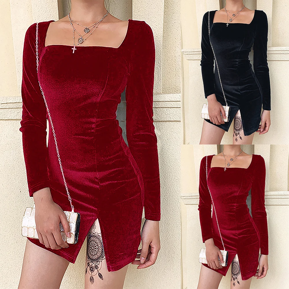 

Sexy Women's Square Neck Sheath Mini Dress Ladies Fashion Club Party Bodycon Long Sleeve Solid Color Elegant Side Slit Dresses