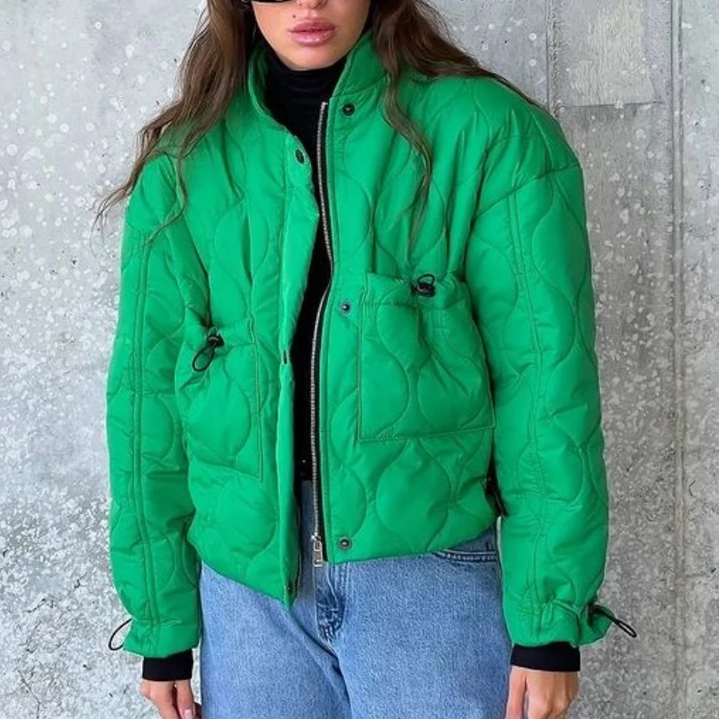 

Pre Sale 2021 New Fashion Simple Solid Color Fashion Half High Neck Wave Quilted Long Sleeve Short Cotton Jacket Women's Wear