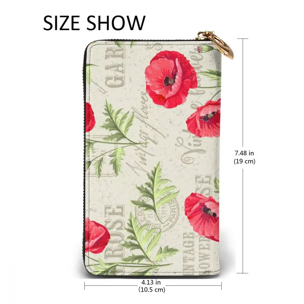 

Red Poppy On Vintage Postcard Long Wallet with Credit Card Slots ID Holder Checkbook Organizer Zipper Coin Purse