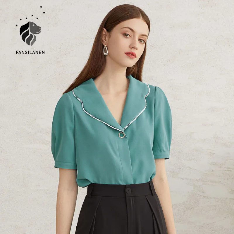 

FANSILANEN Vintage puff sleeve green chiffon blouse shirt Women elegant white summer button up shirt Female casual short top