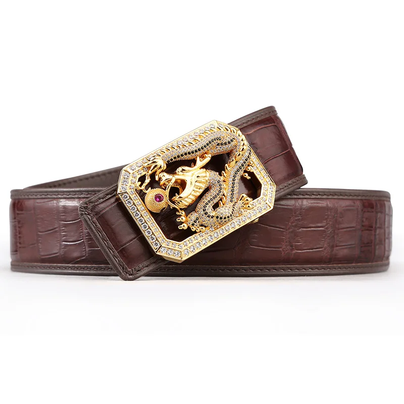 Loong Brown McParko Crocodile Belt Mens Leather Belts With Buckle Luxury Animal Design Genuine Leather Waist Belt with rhinestones Buckle - Цвет: Loong Brown