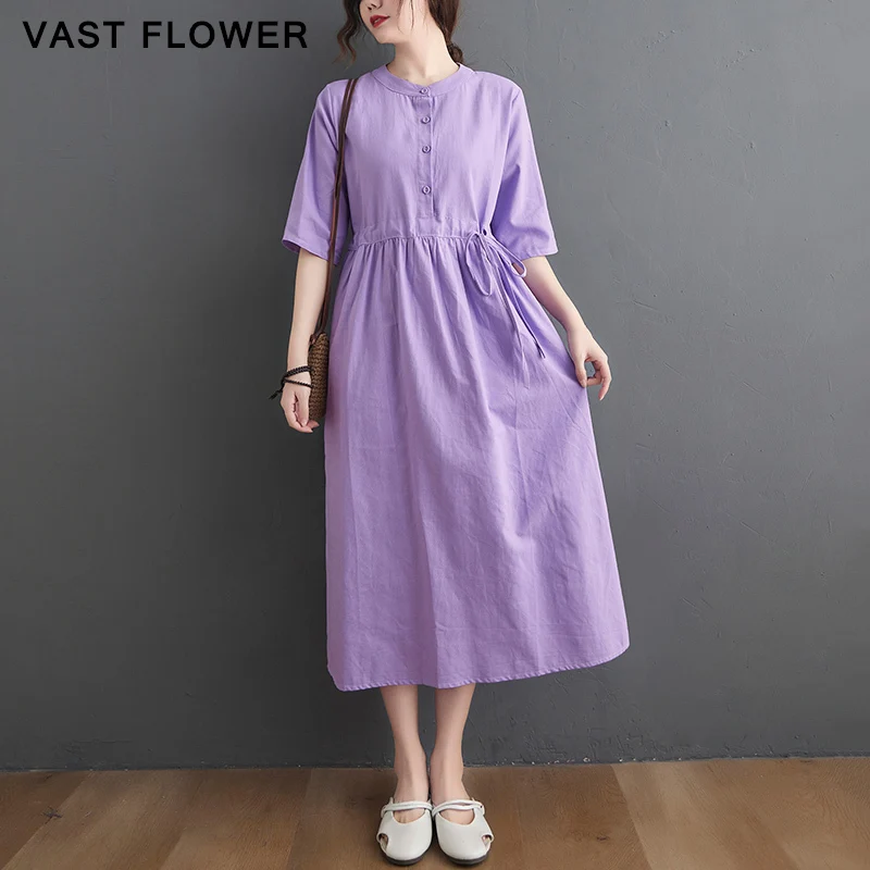 

Женское длинное платье из хлопка и льна, летнее фиолетовое свободное Повседневное платье с полурукавами, 2021