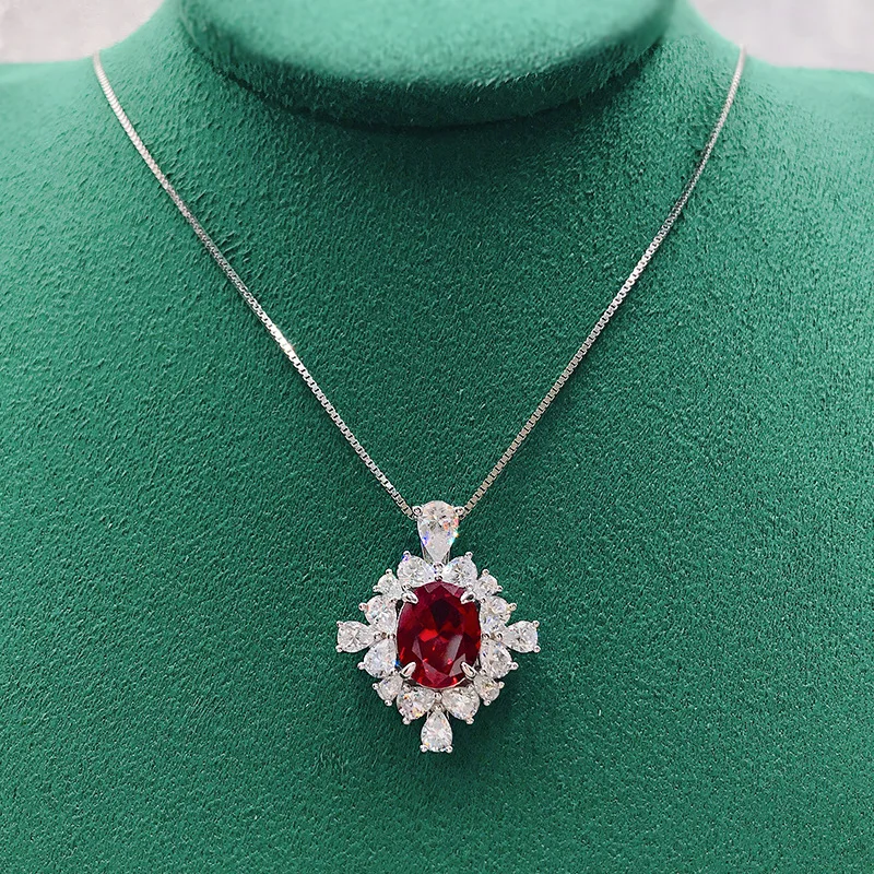 

S925 Sterling Silver Top Quality Chain Necklace 8*10mm Oval Ruby Necklaces For Women Sparkling Wedding Party Fine Jewelry