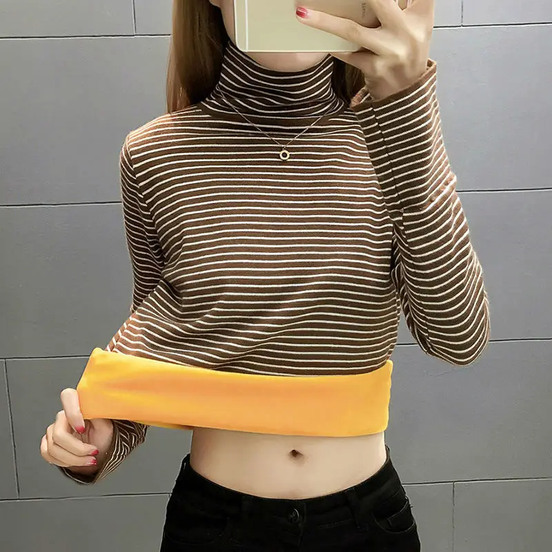Женская Осенняя теплая полосатая рубашка с высоким воротником футболка