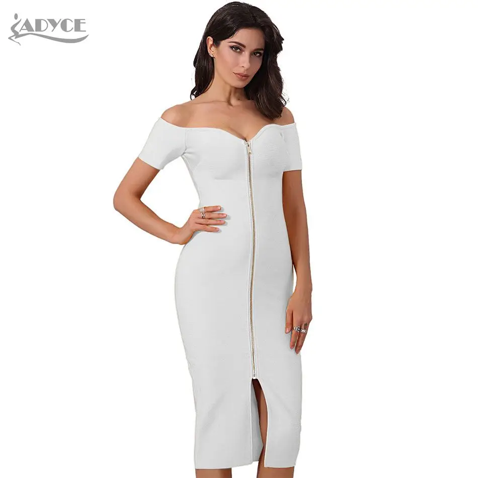 Женское вечернее платье ADYCE белое облегающее миди с оборками коротким рукавом и V